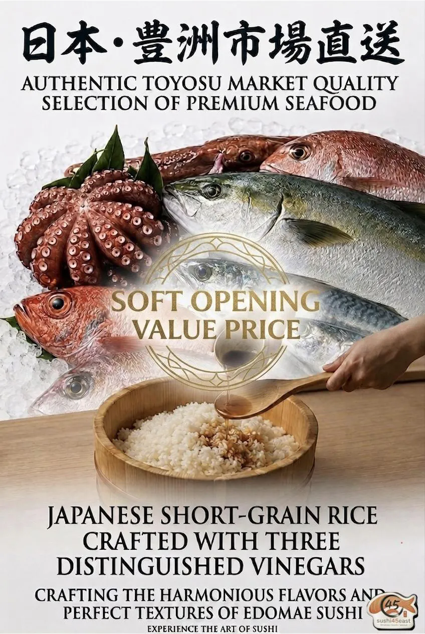 Toyosu market seafood and Japanese short-grain rice poster at Sushi 45 East